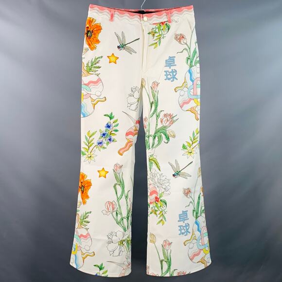 Ping Pong Fleurie White Multi Color Floral Cotton Flared Jean Cut Casual Pants - Picture 1 of 9
